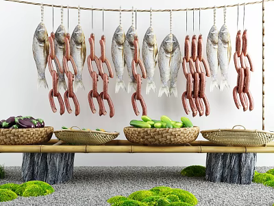 Traditional Hanging Dried Fish And Sausages With Vegetables In Bamboo Baskets 3d model