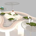 Modern Curved Functional Table with Green Plants and Circular Design Elements