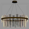 Modern Clear Glass Chandelier with Golden Circular Frame and Illuminated Hanging Structure