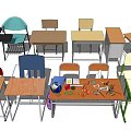 Classroom Student Desks with Chairs and Stationery Globe Pencils Notebooks