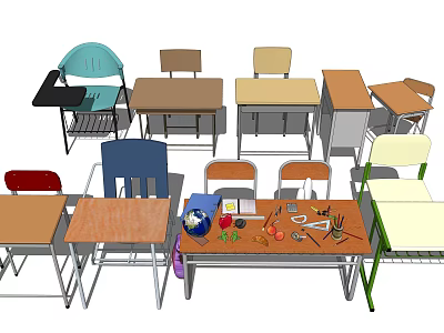 Classroom Student Desks with Chairs and Stationery Globe Pencils Notebooks 3d model