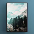 Plant Painting With Fern Leaves Green Brown Gradient In Black Frame On Blue Wall