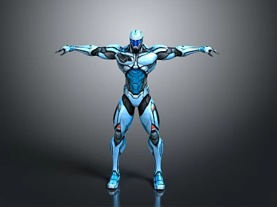 Blue Mechanical Robot Standing With Extended Arms And Streamlined Armor 3d model
