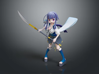 Purple Haired Anime Character With Scythe Shield And Angelic Wings In Blue Outfit 3d model