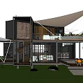 Modern Boutique Villa Architecture With Metal Glass Structure Canopy Roof Outdoor Stairs And Grassland Trees