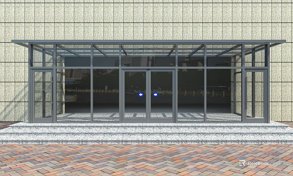 Modern Building Entrance Featuring Glass Doors Curtain Wall And Red Brick Pavement 3d model 
