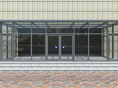 Modern Building Entrance Featuring Glass Doors Curtain Wall And Red Brick Pavement 3d model