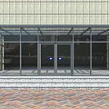 Modern Building Entrance Featuring Glass Doors Curtain Wall And Red Brick Pavement