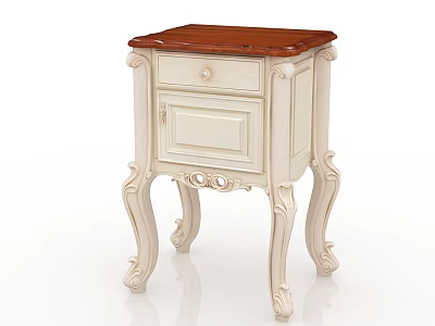 White Classic Bedside Table With Wooden Top Carved Details Drawer And Cabinet Door 3d model
