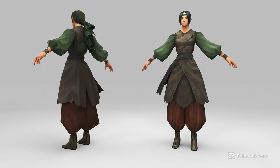 Game Film Character Design With Green Sleeves Dark Tunic Brown Baggy Pants Boots And Headscarf 3d model 