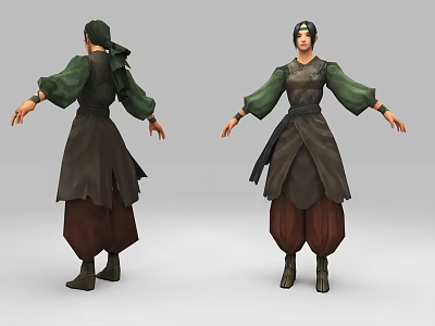 Game Film Character Design With Green Sleeves Dark Tunic Brown Baggy Pants Boots And Headscarf 3d model