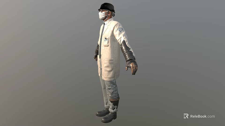 Game Movie Character In White Lab Coat With Black Cap Mask Gloves And Gray Pants 3d model 