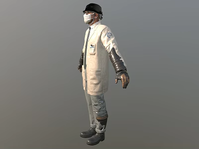 Game Movie Character In White Lab Coat With Black Cap Mask Gloves And Gray Pants 3d model