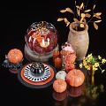Decorative Ornament Set With Pumpkin Shaped Candle Holders Glass Jars Wooden Vase And Yellow Leaves