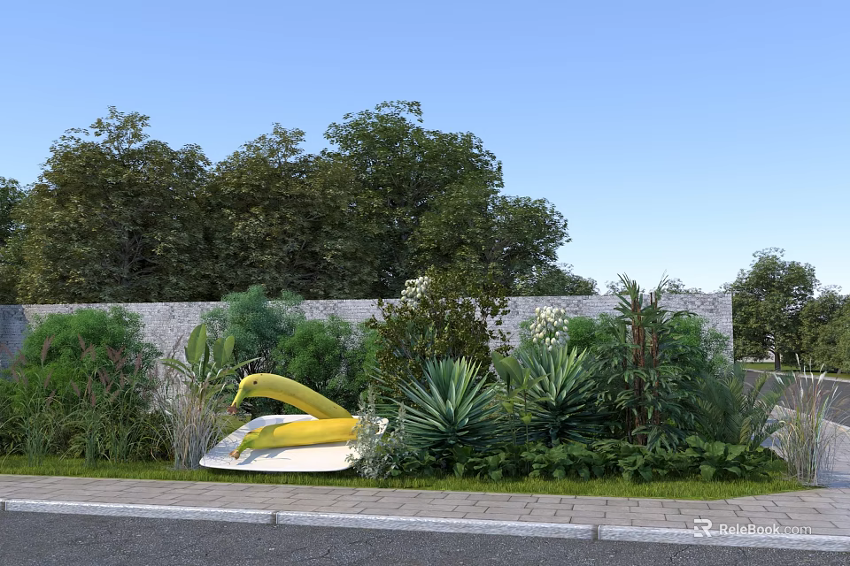 Rural Landscape With Stone Wall Lush Green Plants Bananas And Path 3d model 