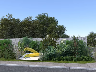 Rural Landscape With Stone Wall Lush Green Plants Bananas And Path 3d model
