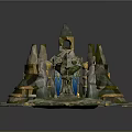 3D Fantasy Landscape with Rock Spires Golden Accents and Circular Platform