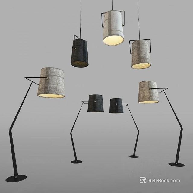 Modern Lighting Combinations Featuring Pendant Lights And Floor Lamps In Black Gray Beige Tones 3d model 
