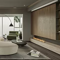 Modern Living and Dining Room Interior Design With Curved Sofa Dining Table and Fireplace