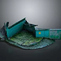Weathered Green Wall Corner Scene With Mossy Floor And Damaged Panels