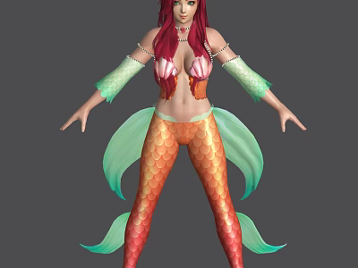 Game and Movie Character With Red Hair Shell Top Green Sleeves Orange Green Mermaid Tail 3d model