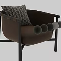 Modern Minimalist Brown Leather Accent Chair With Geometric Pattern Pillow And Dark Metal Frame