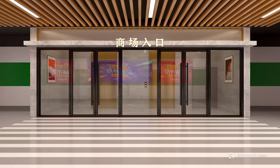 Shopping Mall Store Entrance With Glass Doors Colorful Ads Wooden Ceiling And Striped Floor 3d model 