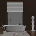 Modern White Freestanding Bathtub With Window Blinds Marble Texture Green Plant And Wavy Floor Lamp