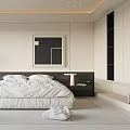 Modern Minimalist Bedroom Interior Design With Large White Bed Black Wall Art And Hanging Lights