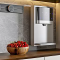 Modern Kitchen Water Dispenser with Marble Wall Wooden Countertop Cherry Bowl and Control Knobs