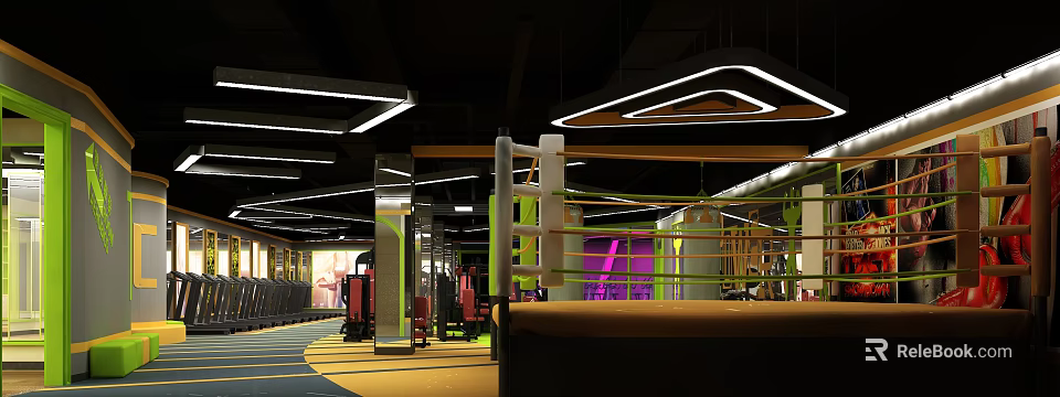 Modern Gym Interior With Boxing Ring Fitness Equipment And Bright Lighting 3d model 