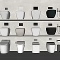 Modern Bathroom Toilets Displayed On Shelves In White And Black Styles