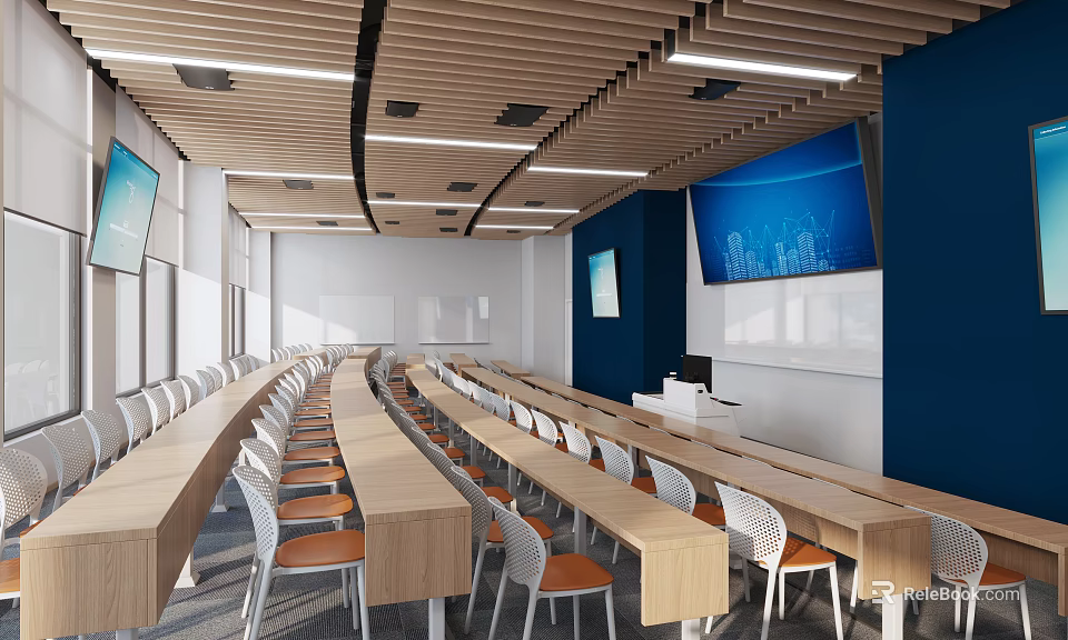 Modern School Classroom With Wooden Ceiling Long Desks And Screens 3d model 