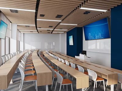 Modern School Classroom With Wooden Ceiling Long Desks And Screens 3d model