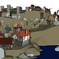 Cartoon Scene of Island with Castle and Village Small Houses Trees Rocks and Blue Water