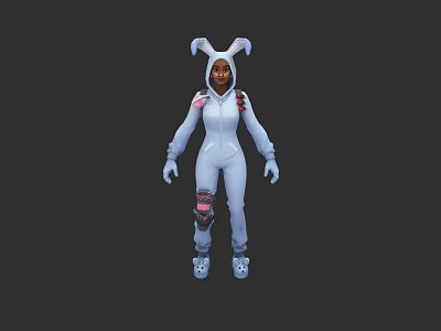 Cute Rabbit Ears Doll In Blue Onesie With Pink Knee Patches And Patterned Shoes 3d model