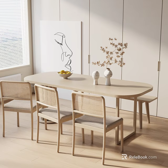 Modern Light Wood Dining Set With Oval Table Rattan Back Chairs And Minimalist Decor 3d model 