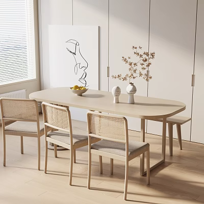 Modern Light Wood Dining Set With Oval Table Rattan Back Chairs And Minimalist Decor 3d model