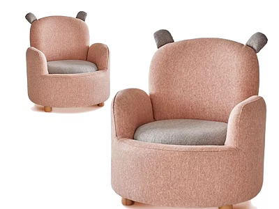 Pink Kids Chair With Ear Shaped Design And Gray Cushion Rounded Wooden Legs 3d model