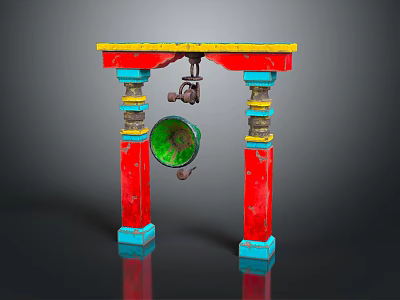 Vibrant Green Circular Hanging Decoration With Red Pillars Blue Accents And Yellow Top Metal Components 3d model