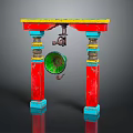 Vibrant Green Circular Hanging Decoration With Red Pillars Blue Accents And Yellow Top Metal Components