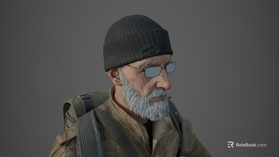 Man With Black Beanie Glasses Gray Beard And Military Style Jacket 3d model 