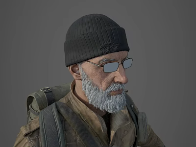 Man With Black Beanie Glasses Gray Beard And Military Style Jacket 3d model