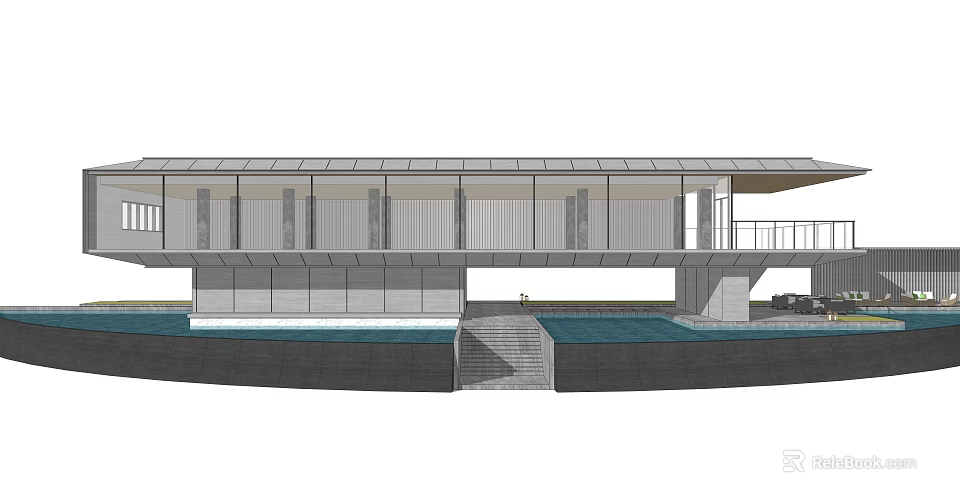 Modern Detached Villa With Large Glass Windows Horizontal Design And Pool 3d model 