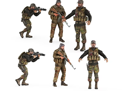 Military Soldiers in Various Combat Poses with Tactical Gear and Weapons 3d model
