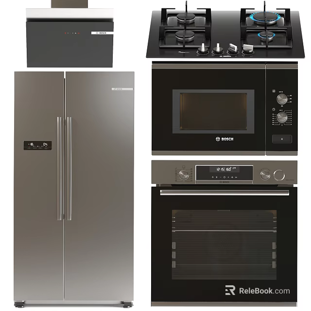 Modern Stainless Steel Kitchen Appliances Including Refrigerator Gas Stove Microwave And Oven 3d model 