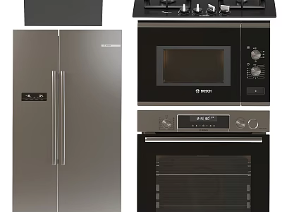 Modern Stainless Steel Kitchen Appliances Including Refrigerator Gas Stove Microwave And Oven 3d model