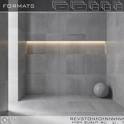 Modern Grey Wall Tiles Featuring Recessed Light Strip And Spherical Decor 3d model