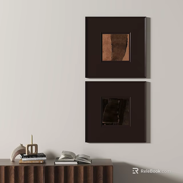 Abstract Paintings In Dark Frames Vertically Hung On Wall With Brown Black Tones 3d model