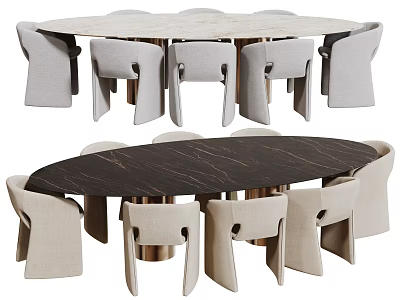 Round and Oval Dining Table Sets with Beige Chairs and Marble Table Tops 3d model